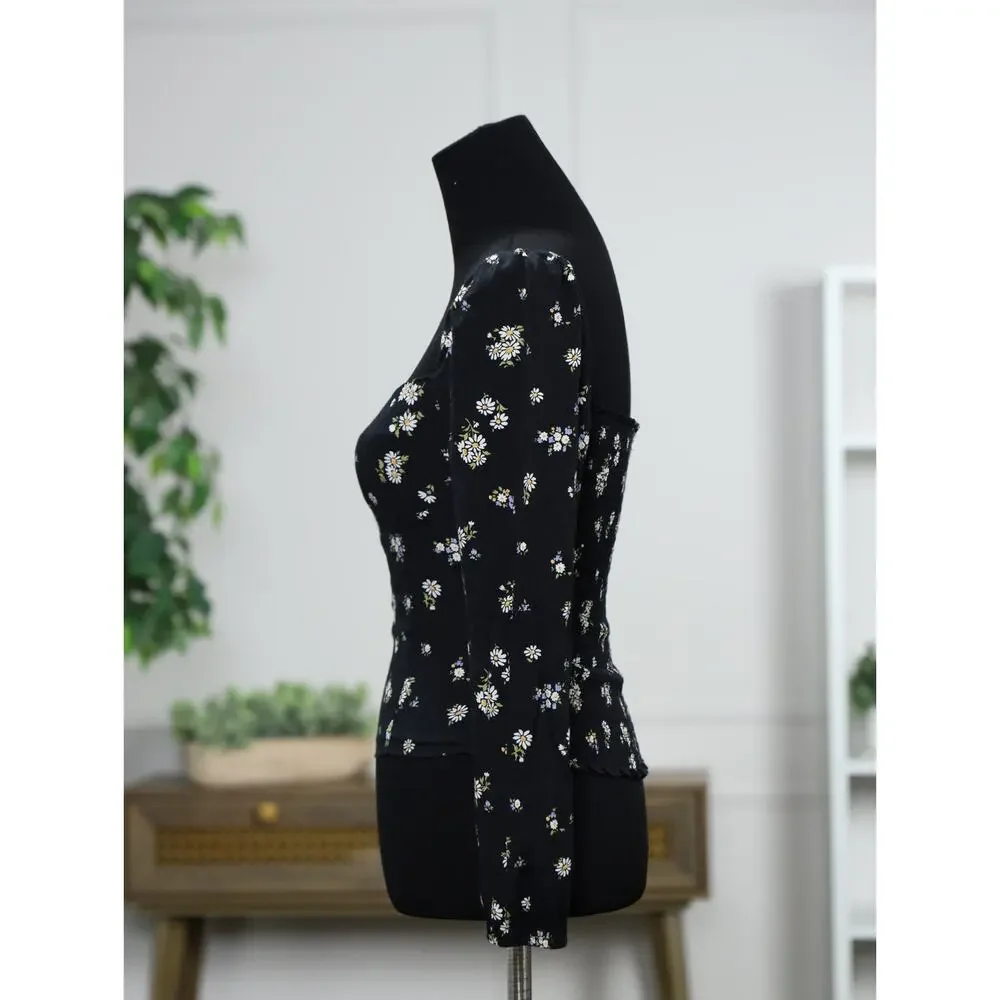 Romantic French Girl Black Ditsy Floral Print Reformation Puff Sleeve Top Size 4